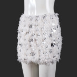 Spring/Summer Women Sexy Low-Waist Sequin & Furry Mini Skirt