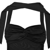 Women Fashionable Sexy See-Through Mesh Halter Neck Lace-Up Evening Dress