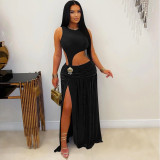 Women Fashionable Sexy Solid Color Sleeveless Cut Out Slit Dress