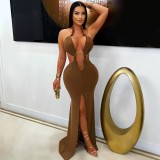 Autumn Women Chic Fashion Solid Color Metallic Detail Ruched Low-Cut Backless Long Dress