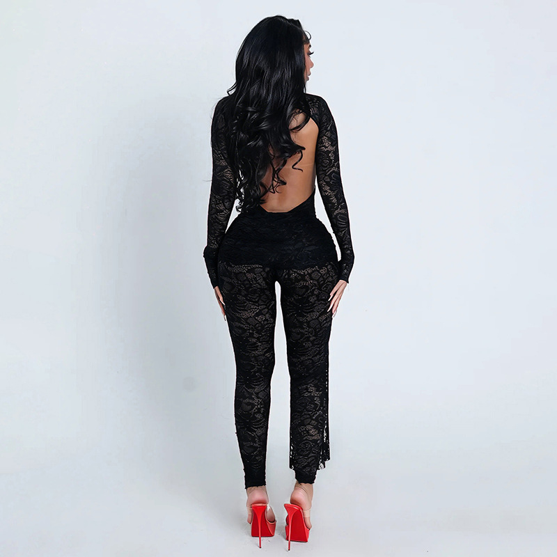 Women Lace Long-Sleeve Hollow-Out Tie Detail & Tight-Fitting Two-Piece Pants Set