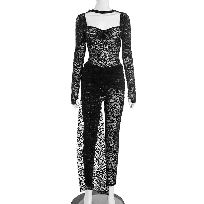 Women Lace Long-Sleeve Hollow-Out Tie Detail & Tight-Fitting Two-Piece Pants Set