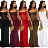 Women Fashionable Sexy See-Through Mesh Halter Neck Lace-Up Evening Dress