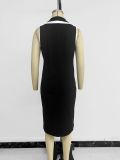 Summer Women Elegant Fitted Color-Blocked Turndown Collar Button-Front Sleeveless Slit Dress