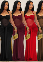 Women Fashionable Sexy See-Through Mesh Halter Neck Lace-Up Evening Dress