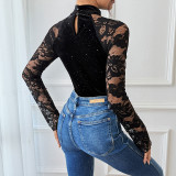 Retro Velvet Party Sexy & Elegant Mock Neck Lace Bodysuit