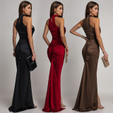 Women Fashionable Sexy Sequin & Velvet Slim Slit Evening Dress