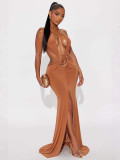 Autumn Women Chic Fashion Solid Color Metallic Detail Ruched Low-Cut Backless Long Dress
