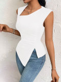Spring/Summer Women Elegant Slash Shoulder Fitted Solid Color Top