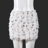 Spring/Summer Women Sexy Low-Waist Sequin & Furry Mini Skirt
