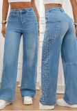 Women Casual Beaded Stretch Denim Wide-Leg Pants with Side Pockets