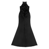 Women Fashionable Sexy Sequin & Velvet Slim Slit Evening Dress