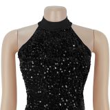 Women Fashionable Sexy Sequin & Velvet Slim Slit Evening Dress