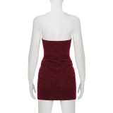 Women Solid Color Sparkly Bow Detail Hollow-Out Strapless Party Bodycon Dress