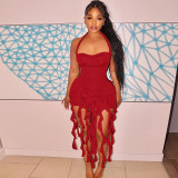 Summer Women Sexy Halter Neck Fringe Detail Bodycon Dress