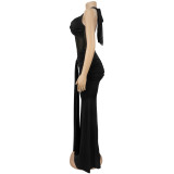 Women Fashionable Sexy See-Through Mesh Halter Neck Lace-Up Evening Dress