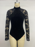 Retro Velvet Party Sexy & Elegant Mock Neck Lace Bodysuit