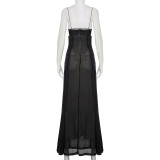 Sexy & Elegant Lace-Up Strap Mesh & Leather Patchwork Slim Long Dress
