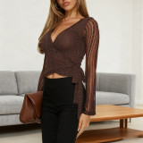 Autumn/Winter Women Sexy Lace-Up See-Through V-Neck Crop Top