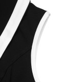 Summer Women Elegant Fitted Color-Blocked Turndown Collar Button-Front Sleeveless Slit Dress
