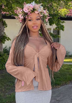 Autumn Women Solid Color Knot Bell Sleeve Slit Crop Top Tee