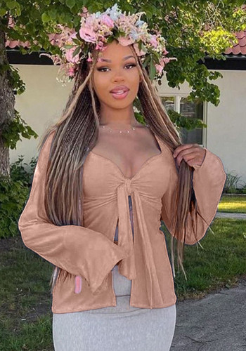 Autumn Women Solid Color Knot Bell Sleeve Slit Crop Top Tee
