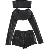 Autumn/Winter Women Fashionable Long-Sleeve Solid Color Strapless Shorts Set