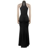 Women Fashionable Sexy Sequin & Velvet Slim Slit Evening Dress