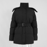 Winter Women Hooded Zip-Up Cotton-padded Jacket with Belt Slim Waist Warm Outerwear