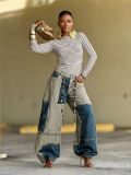 Color-Blocked Patchwork Frayed Denim Pants
