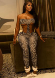 Autumn/Winter Women Fashionable Patchwork Print Sexy Hollow-Out Strapless Low-Back Tight-Fitting Jumpsuit