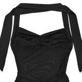 Women Fashionable Sexy See-Through Mesh Halter Neck Lace-Up Evening Dress