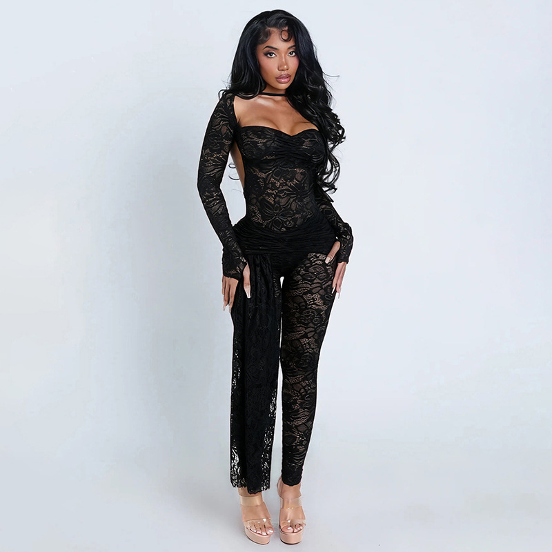 Women Lace Long-Sleeve Hollow-Out Tie Detail & Tight-Fitting Two-Piece Pants Set