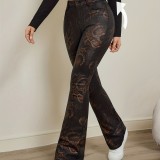 Women American Elegant Casual Slim-Fit Snake Print Bell Bottom Denim Pants