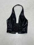 Dark Streetwear Sexy Lace-Up Halter Neck Low-Back Leather Vest