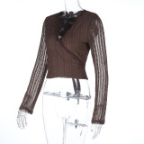 Autumn/Winter Women Sexy Lace-Up See-Through V-Neck Crop Top