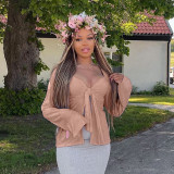 Autumn Women Solid Color Knot Bell Sleeve Slit Crop Top Tee