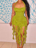 Summer Women Sexy Halter Neck Fringe Detail Bodycon Dress