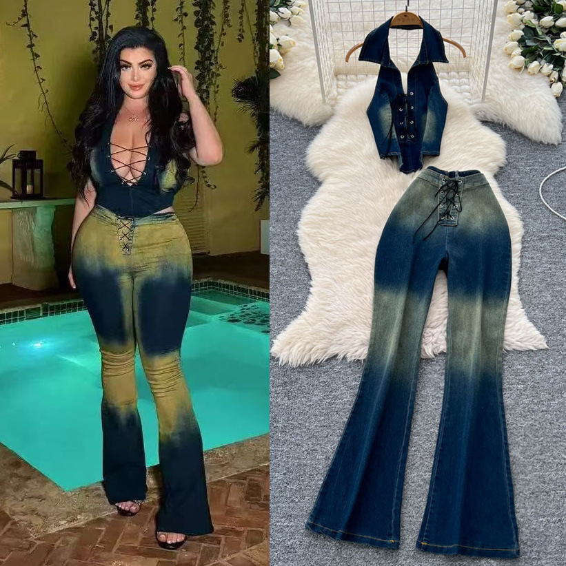 Summer Women Halter Neck Sleeveless Top High-Waist Tight-Fitting Slim-Fit Ombre Lace-Up Denim Pants Two-Piece Set