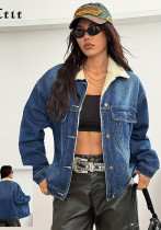 Women Casual Long-Sleeve Sherpa Retro Denim Jacket