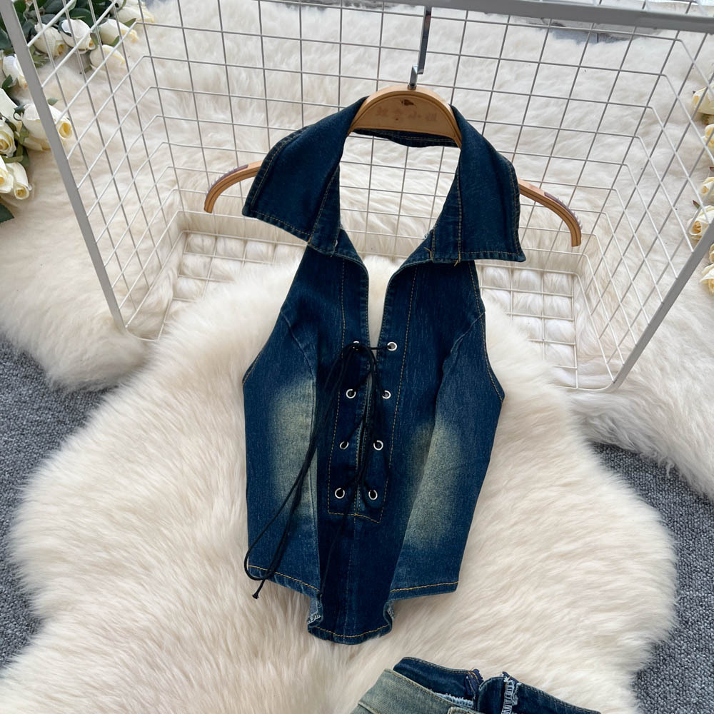 Summer Women Halter Neck Sleeveless Top High-Waist Tight-Fitting Slim-Fit Ombre Lace-Up Denim Pants Two-Piece Set