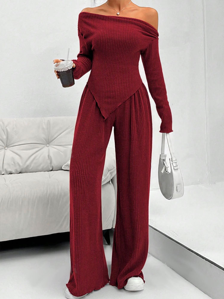 Women Casual Comfortable Off Shoulder Top & Wide-Leg Pants Two-Piece Set