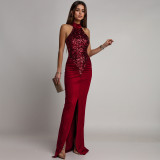 Women Fashionable Sexy Sequin & Velvet Slim Slit Evening Dress