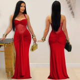 Women Fashionable Sexy See-Through Mesh Halter Neck Lace-Up Evening Dress