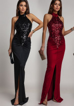 Women Fashionable Sexy Sequin & Velvet Slim Slit Evening Dress