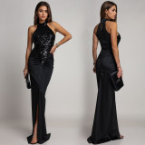 Women Fashionable Sexy Sequin & Velvet Slim Slit Evening Dress