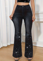 Women Beading High-Stretch Retro Ultra-Long Bell Bottoms Black Denim Pants