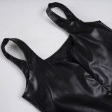 Women Sexy Square-Neck Low-Cut Slim-Fit Leather Bodycon Slit Dress