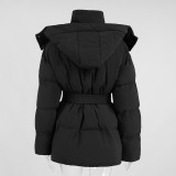Winter Women Hooded Zip-Up Cotton-padded Jacket with Belt Slim Waist Warm Outerwear