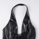 Dark Streetwear Sexy Lace-Up Halter Neck Low-Back Leather Vest